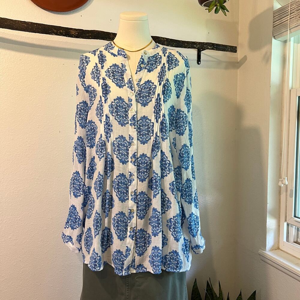 Nanette Lepore Blue Print Lightweight Summer Beach Tunic Blouse Cover Up Size L